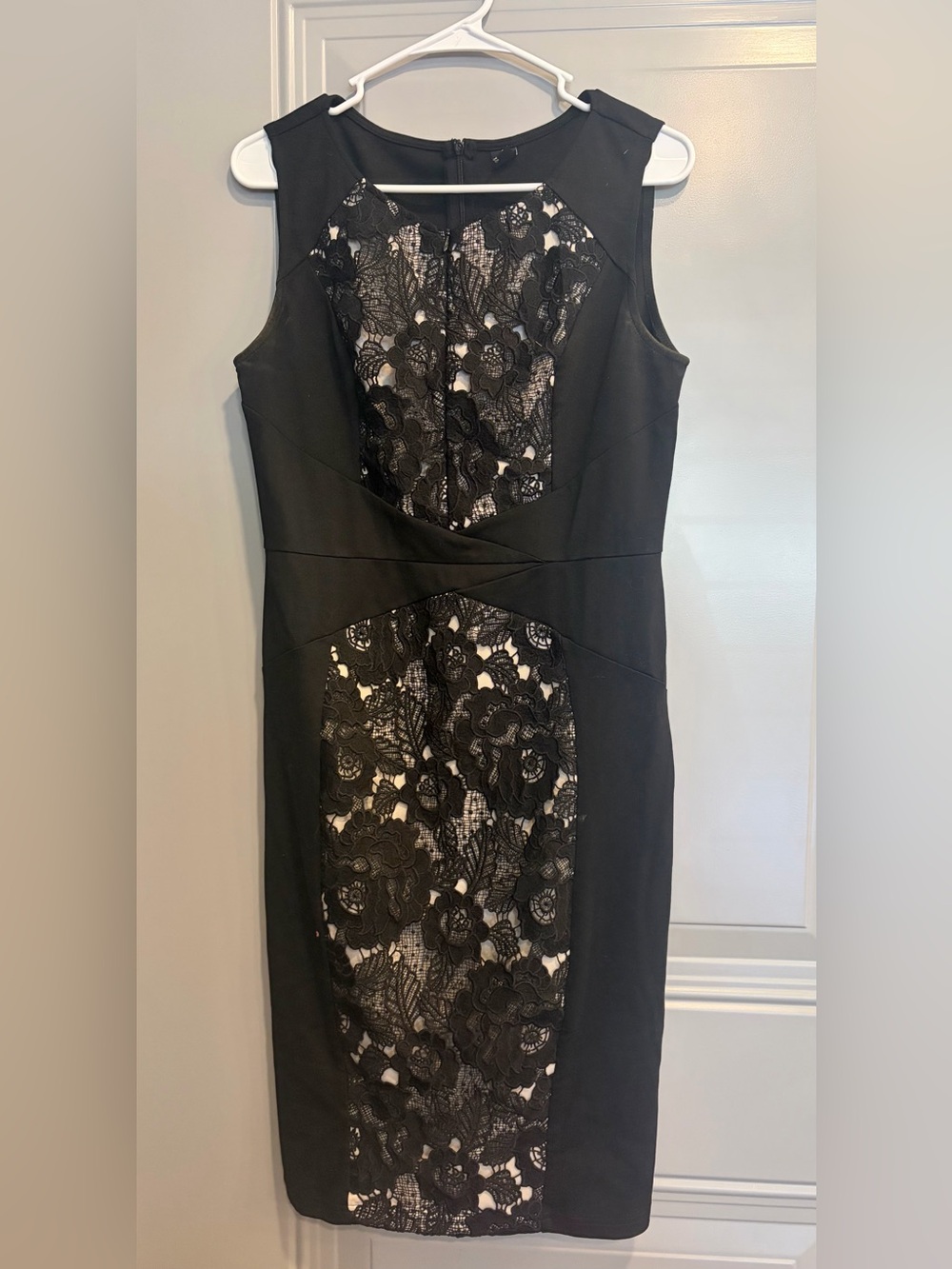 Black Lace-Front Midi Sheath Dress